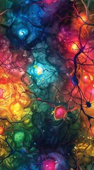 Capture the complexity of emotions through an overhead perspective of a tangled web of colorful neurons