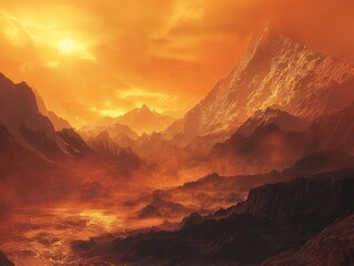 Naklejka premium A massive earthquake left the Himalayas isolated in a red mist, signaling the end, in a scifi photo with blurry background, sharpen banner
