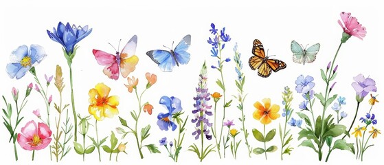 A set of watercolor drawings of various butterflies amidst wildflowers, depicting the beauty and importance of pollinators, clipart isolated on white