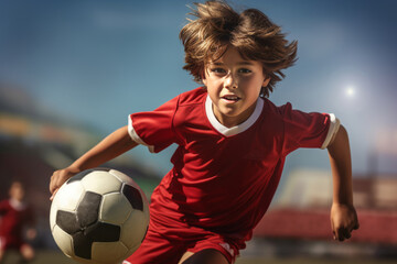Excited young boy playing soccer on a sunny field