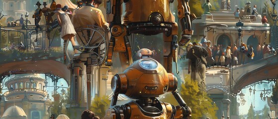Paint a scene in oil where robotics meet classic literature characters at eye level