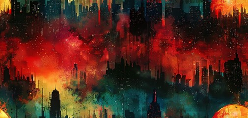 Capture a dystopian cityscape in abstract watercolors from an eye-level angle Include unexpected camera angles to enhance the unsettling atmosphere