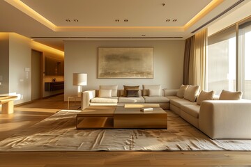 Luxurious living room with a spacious white sectional sofa, soft ambient lighting, and modern decor, creating a warm and elegant atmosphere in a contemporary home setting