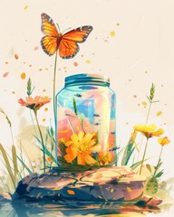 A beautiful watercolor painting of a butterfly and flowers