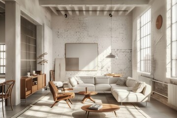 Fototapeta premium Spacious industrial-style living room with high ceilings, large windows, and a cozy sectional sofa, blending modern and rustic elements with natural light and warm wooden accents
