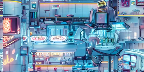 Craft a stunning panoramic view depicting futuristic technologies seamlessly integrated with culinary arts Show holographic menus