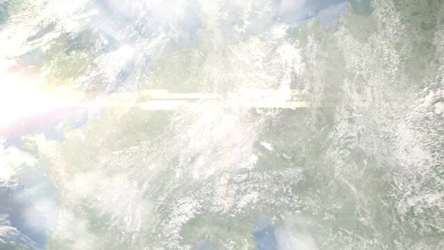 Earth zoom in from space and focus on Schweinfurt, Germany. 3D style animation. Satellite view. Background for travel intro, blog. Images from NASA.