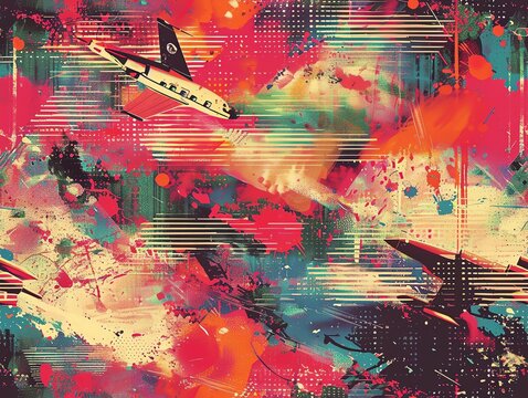 Craft a pop art interpretation of a dystopian aviation milestone with a tilted angle perspective