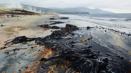 Obraz premium beach covered in oil from an oil spill.