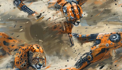 Focus on a sleek cheetah robot, its powerful muscles rippling as it speeds towards the viewer with lightning-fast precision, dust kicking up in its wake