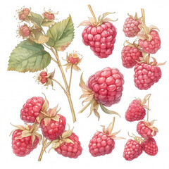 Brightly colored raspberries, freshly picked in a watercolor illustration. A perfect depiction of natural beauty and vitality for stock image use.