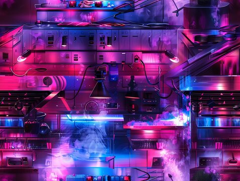 Imagine renowned culinary artists facing off in a high-tech kitchen stadium, showcasing their skills in a cyberpunk setting with holographic ingredients