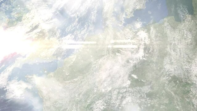 Earth zoom in from space and focus on Schwerte, Germany. 3D style animation. Satellite view. Background for travel intro, blog. Images from NASA.