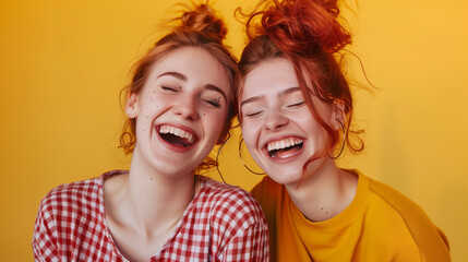 Two Women Laughing Together on Yellow Background