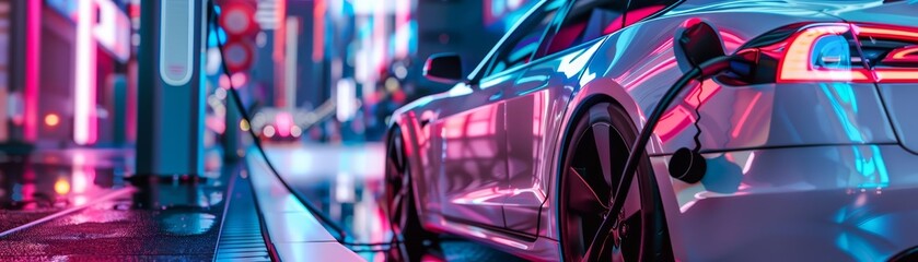 Closeup of a futuristic electric sports car charging station on a vibrant neonlit street