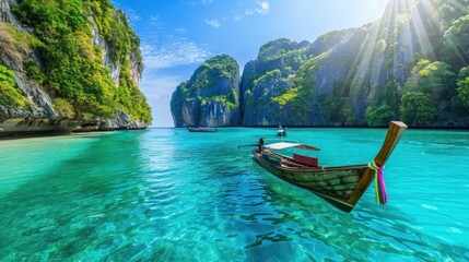 A boat is floating in a blue ocean with a clear sky above