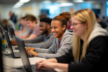Cheerful team of diverse students or colleagues collaborating on a project in a a computer lab or modern office