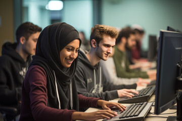 Cheerful team of diverse students or colleagues collaborating on a project in a a computer lab or modern office