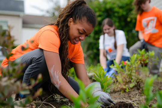 Community gardening - young volunteers tending plants