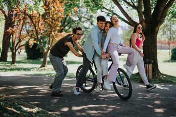 A joyful scene of three young friends having fun while riding a bicycle together in a sunny, lush park on a weekend.