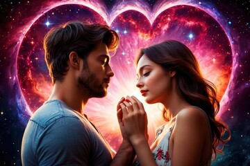 Loving romantic couple in love against magical heart sky background