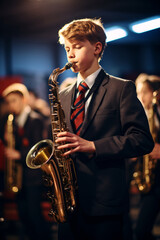 Obraz premium Boy performs on a saxophone in a school band with other children at a music event
