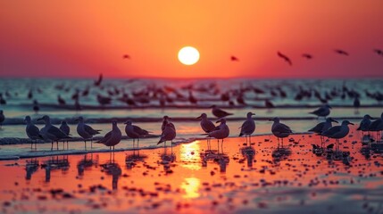 Sunset with reflection on the sea and front of crowd of the bird