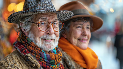 A portrait of an elderly couple outdoors wearing hats. 