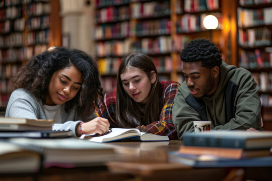 Three focused diverse students collaborate on their studies in a well-lit library