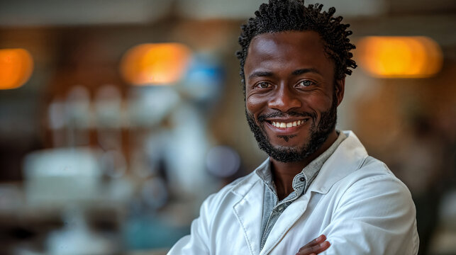 Portrait of an African American researcher or technician in a lab coat standing in a middle of a laboratory. 