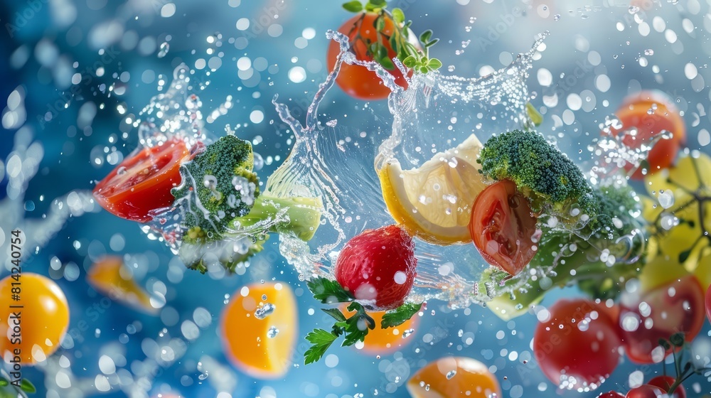 Wall mural healthy options twist into a flying food explosion with water splash, presented on a colorful backgr