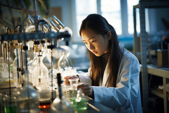 Focused young researcher investigates chemical reactions amidst lab glassware and rising vapor - Powered by Adobe