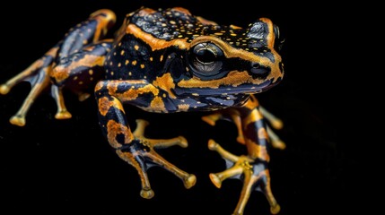 A frog with black and orange spots on its back