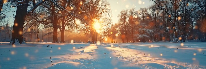 Light from low sun shining between branches of trees without leaves in snow covered ground during...