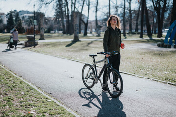 A young adult male stands with his bicycle on a sunny day in a park, portraying a relaxed urban lifestyle and leisure time outdoors.