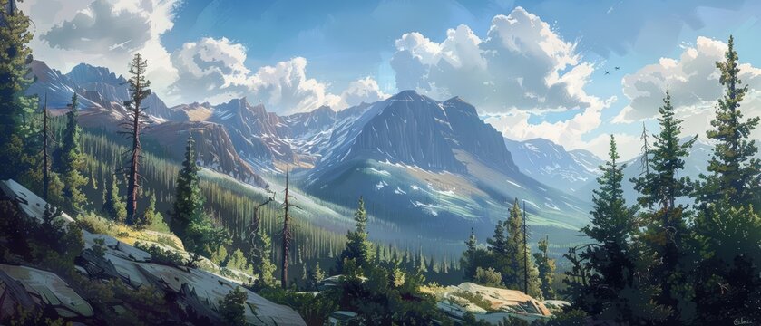 Mystery landscape of a secluded arete, rendered in classic styles color, enhancing its appeal as a breathtaking wilderness vista
