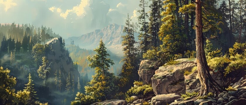 Mystery landscape of a secluded arete, rendered in classic styles color, enhancing its appeal as a breathtaking wilderness vista