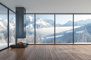 Luxurious modern home interior with expansive view of snowy mountains through floor-to-ceiling windows, featuring a sleek fireplace and warm wooden floors.