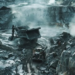 Tantalum, Nickel, Cobalt, lithium. Dump Truck and Excavator Worker mining Coal, metal Tantalum and silver.