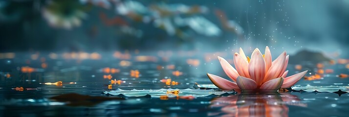 Light pink of water lily or lotus with yellow pollen on surface of water in pond, Side view and peace concept realistic nature and landscape