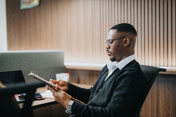 Professional African American businessman in a modern office setting focused on work while using a tablet to analyze business data.