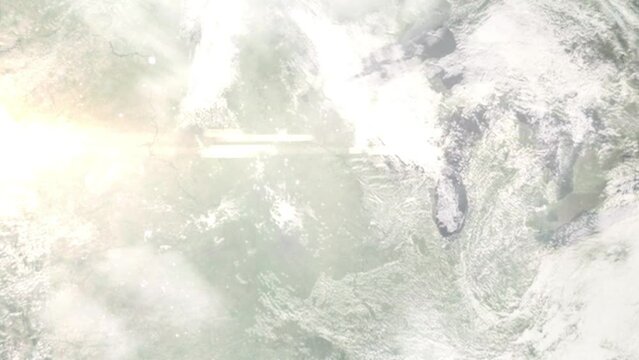 Earth zoom in from space and focus on Austin, Minnesota, USA. 3D style animation. Satellite view. Background for travel intro, blog. Images from NASA.