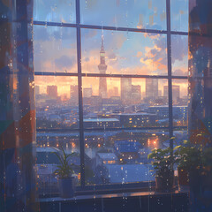 Breathtaking Cityscape with Glowing Sunset through a Room Window