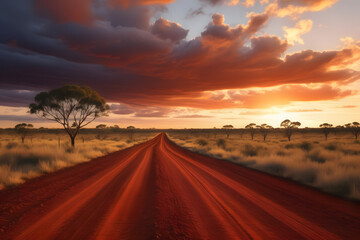 Journey through the vast Australian Outback: Red dirt roads lead to endless horizons, an adventure of rugged beauty and boundless freedom