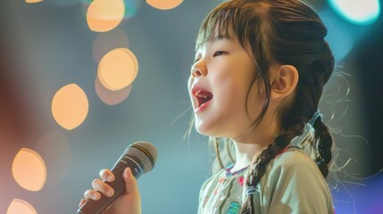 The Asian kid girl sing a song on stage at her school activity
