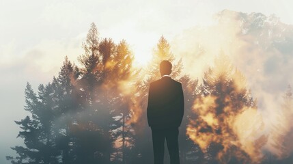 The double exposure image of the businessman standing during sunrise overlay with forest