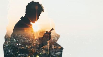 The double exposure image of the businessman using a smartphone during sunrise overlay with nature