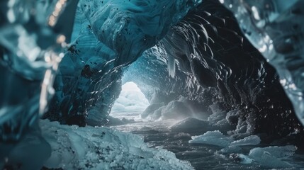 The Crystal Ice Cave in Iceland. Ice as a background. National Park. Inside view of the ice cave.