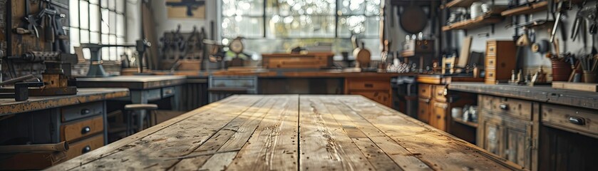 Artisan's workspace with a focus on rugged wooden benches and traditional tools, blurred background of workshop, warm and inviting.
