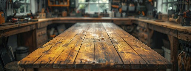 Craftsman's rustic workbench with a deep focus on the wood's texture, blurred tools in the background, inviting and warm.